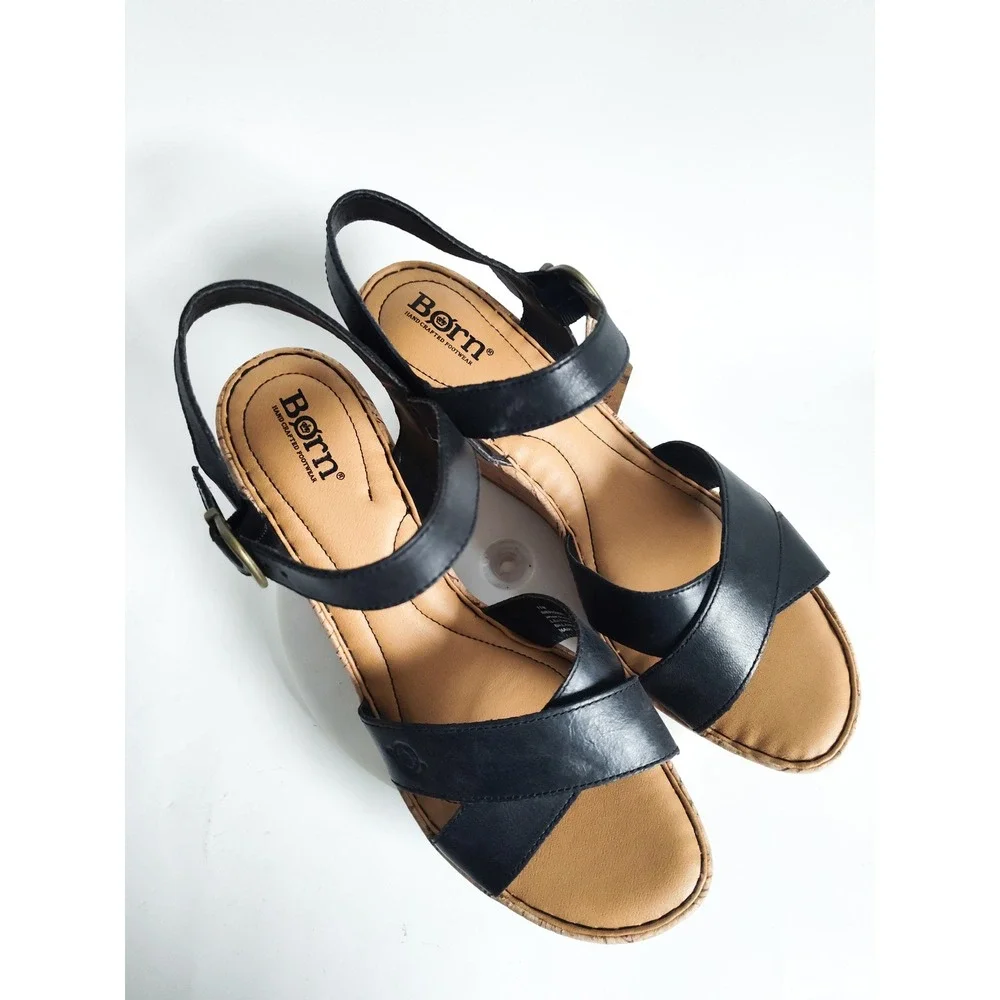 New Born Wedge Sandals 11‎ Leather Cork Ankle Strap Comfort Boho Preppy Travel